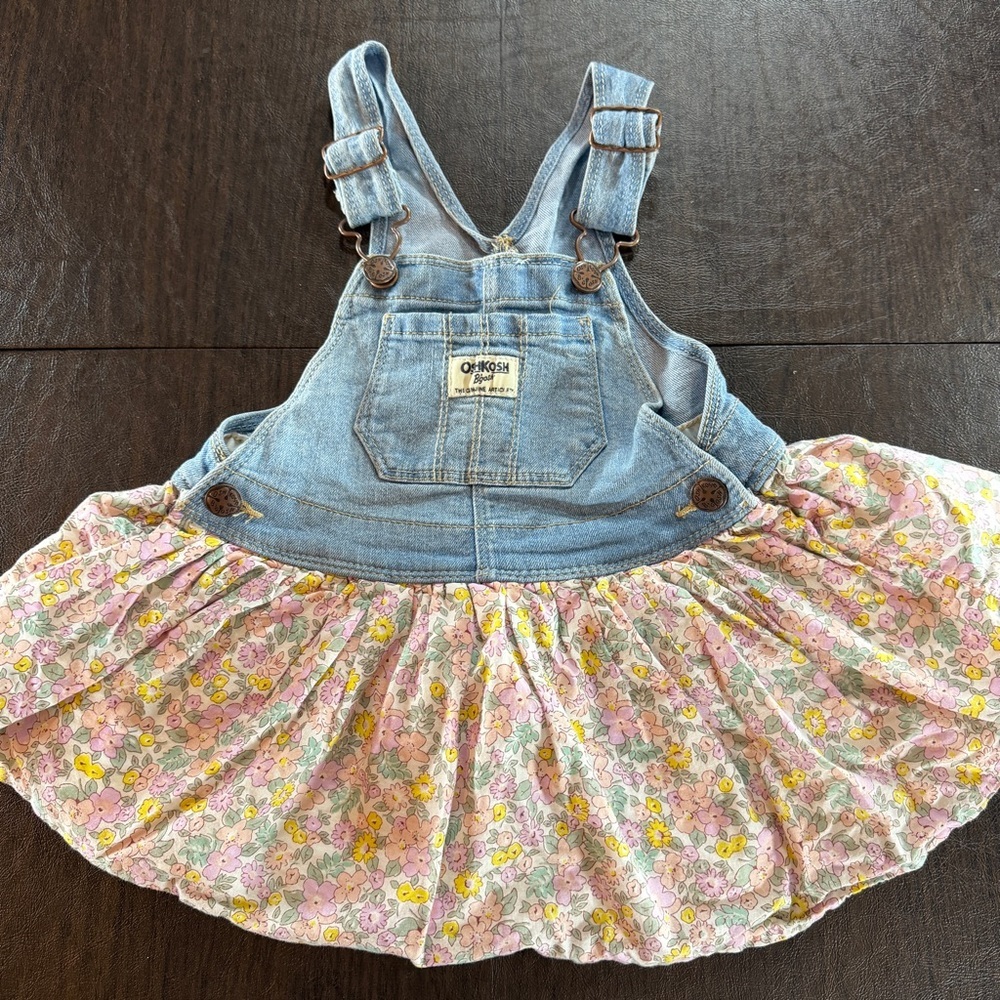 OshKosh B'gosh Denim and Pink Floral Kids Overall Dress Sz 2T